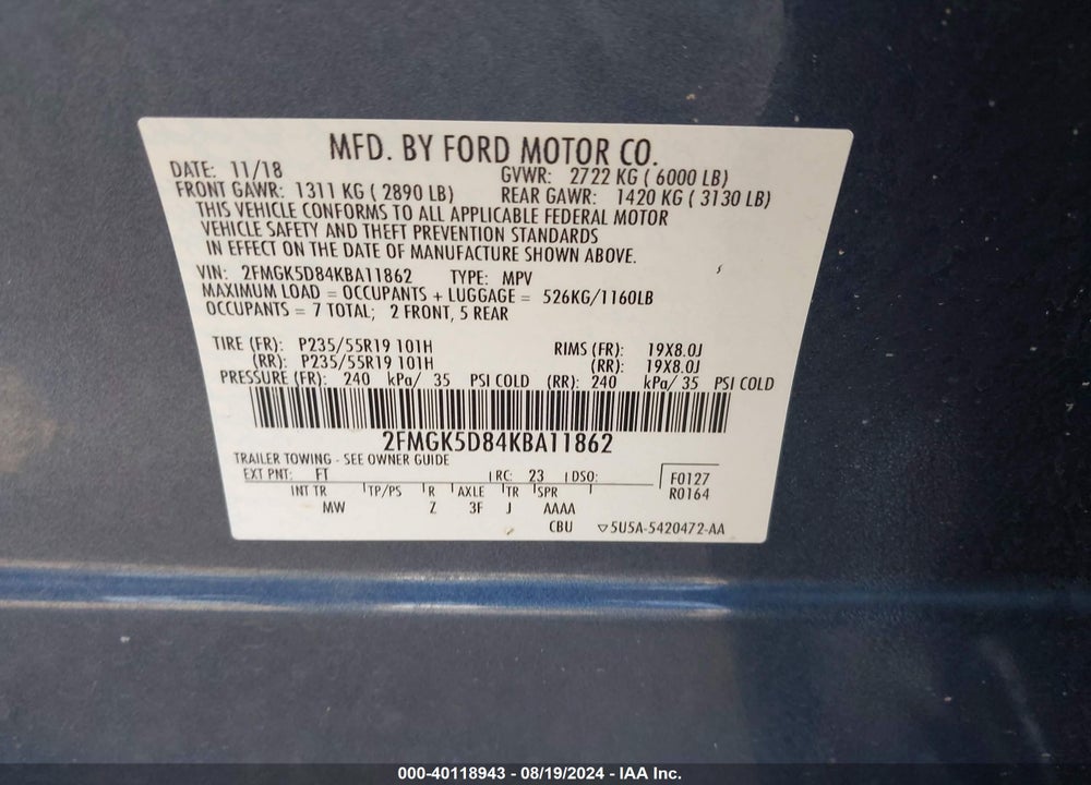 2019 FORD FLEX LIMITED VIN: 2FMGK5D84KBA11862