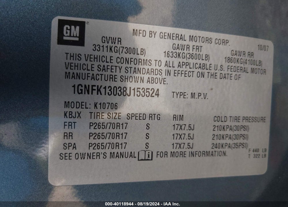 2008 CHEVROLET TAHOE LT VIN: 1GNFK13038J153524