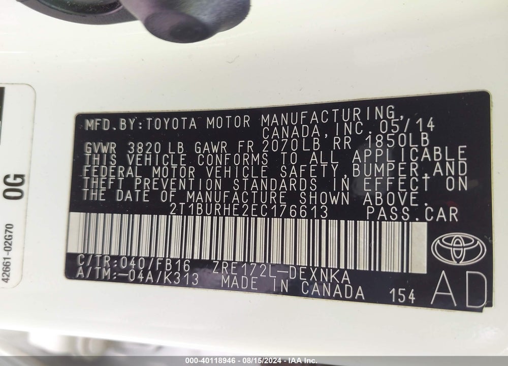 2014 TOYOTA COROLLA LE VIN: 2T1BURHE2EC176613