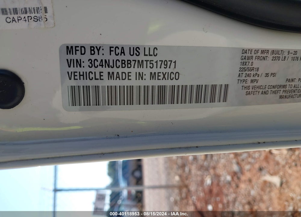 2021 JEEP COMPASS ALTITUDE FWD VIN: 3C4NJCBB7MT517971