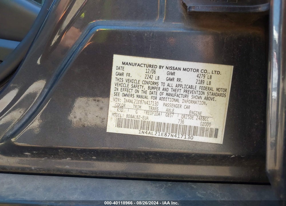 2007 NISSAN ALTIMA 2.5 S VIN: 1N4AL21E87N417130