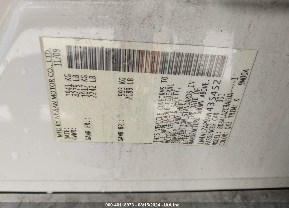 2010 NISSAN ALTIMA 2.5 VIN: 1N4AL2AP9AN435452
