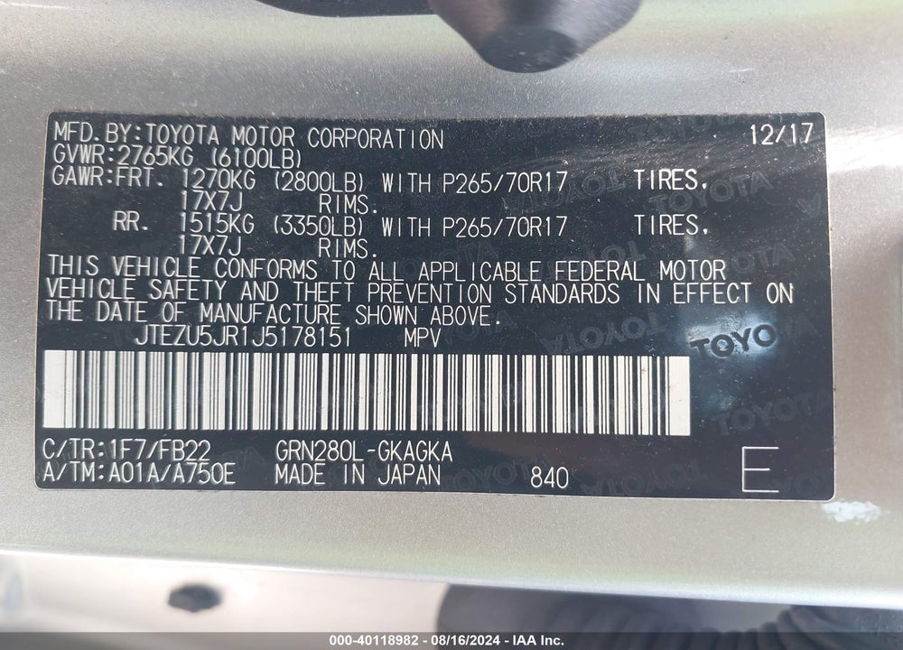 2018 TOYOTA 4RUNNER SR5 VIN: JTEZU5JR1J5178151