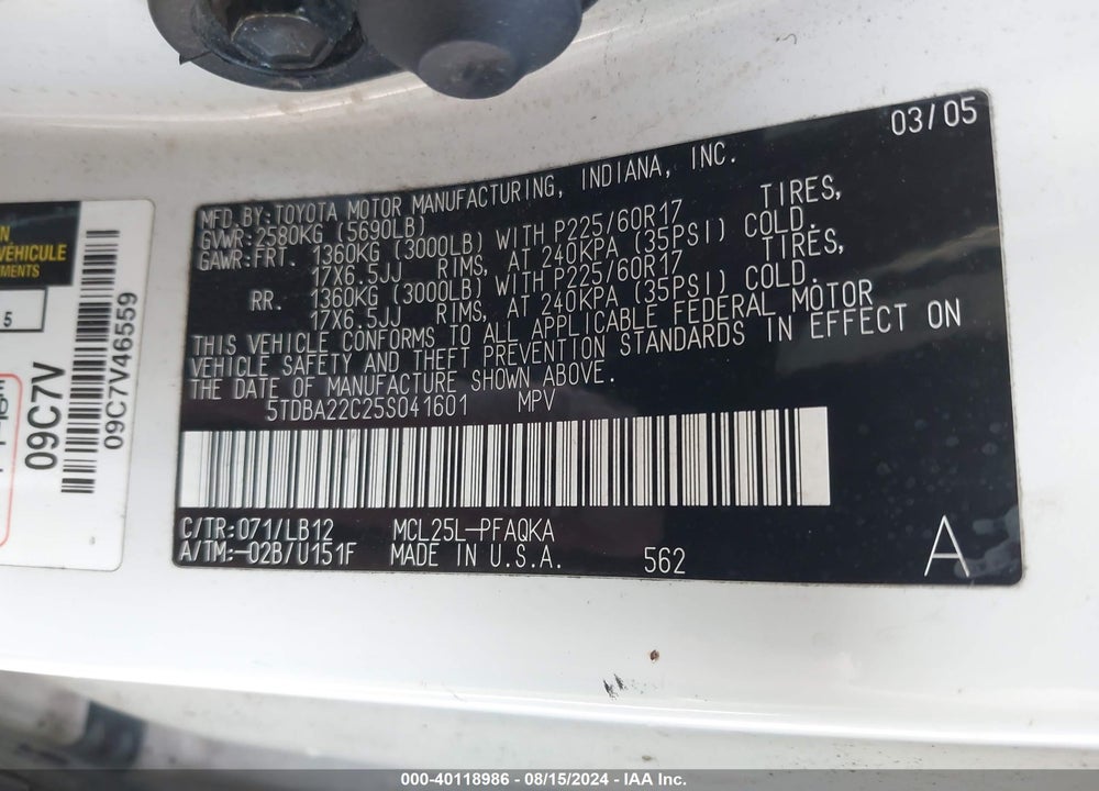 2005 TOYOTA SIENNA XLE LIMITED VIN: 5TDBA22C25S041601