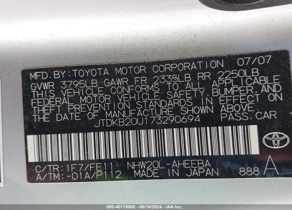 2007 TOYOTA PRIUS VIN: JTDKB20U173290694