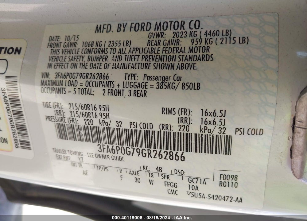 2016 FORD FUSION S VIN: 3FA6P0G79GR262866