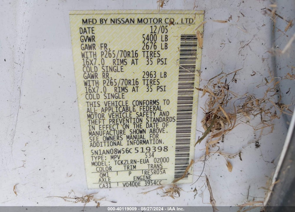 2006 NISSAN XTERRA S VIN: 5N1AN08W56C519398
