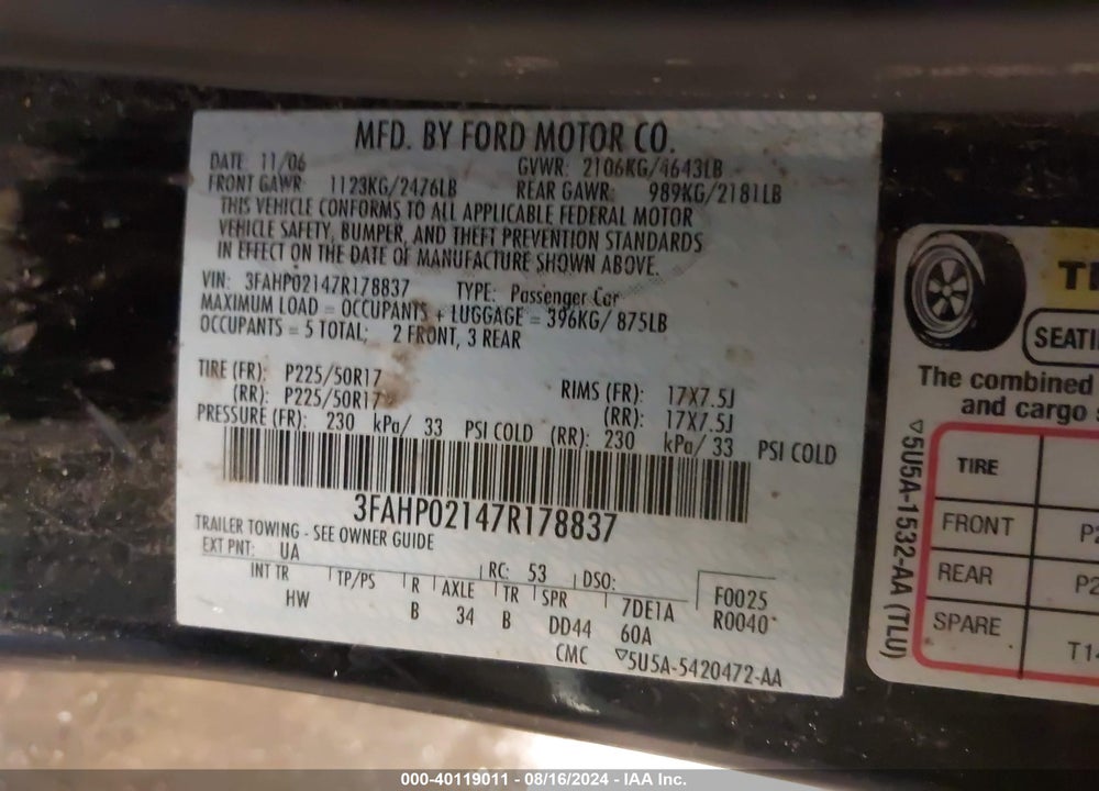 2007 FORD FUSION SEL VIN: 3FAHP02147R178837