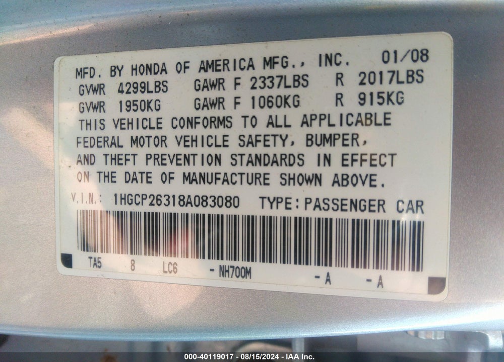 2008 HONDA ACCORD 2.4 LX VIN: 1HGCP26318A083080