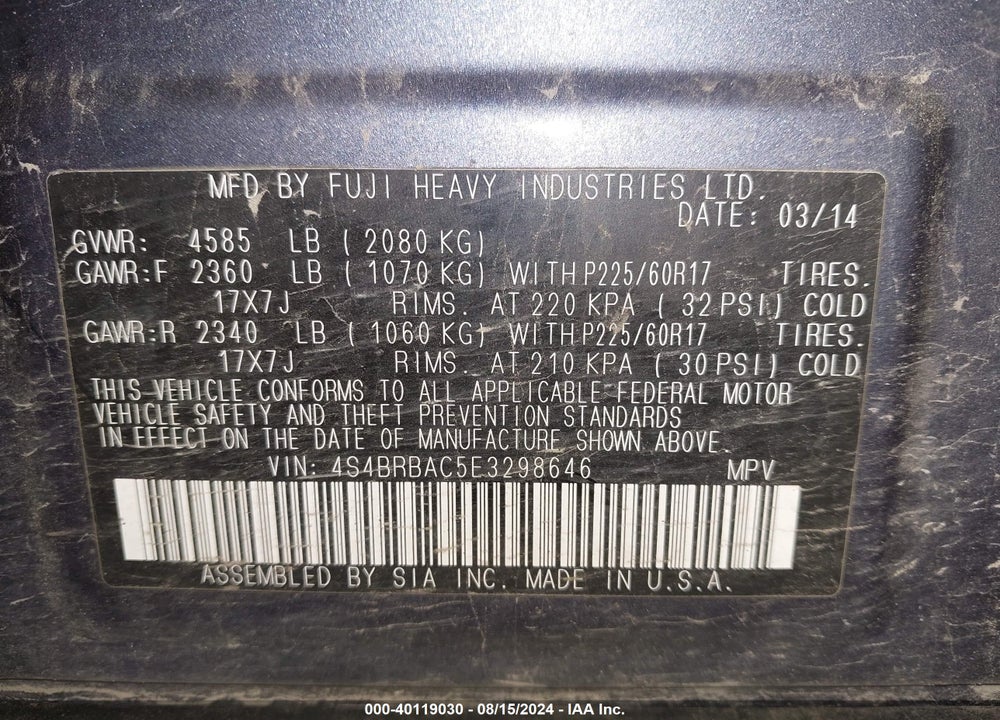 2014 SUBARU OUTBACK 2.5I VIN: 4S4BRBAC5E3298646