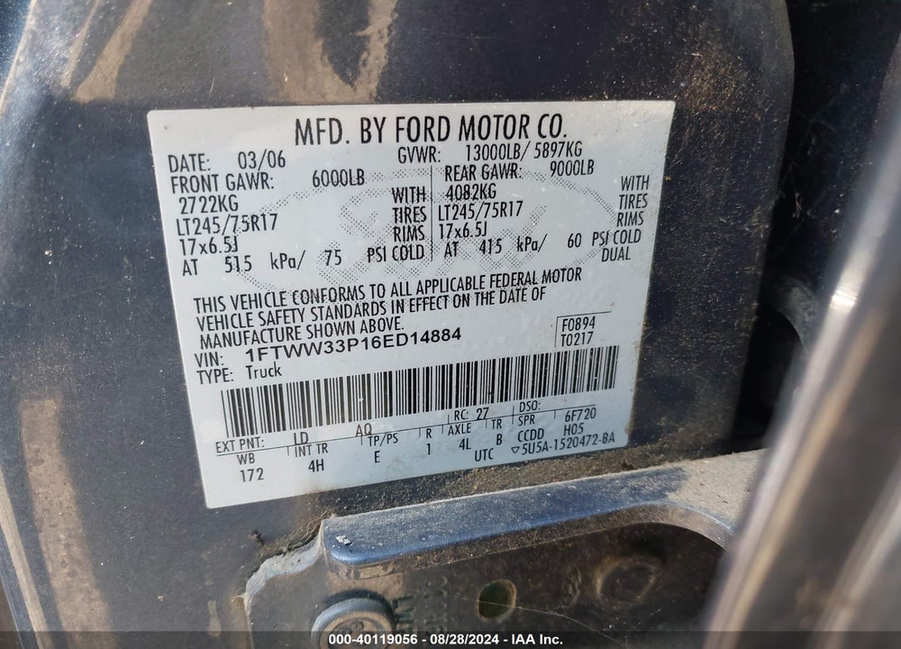 2006 FORD F-350 LARIAT/XL/XLT VIN: 1FTWW33P16ED14884