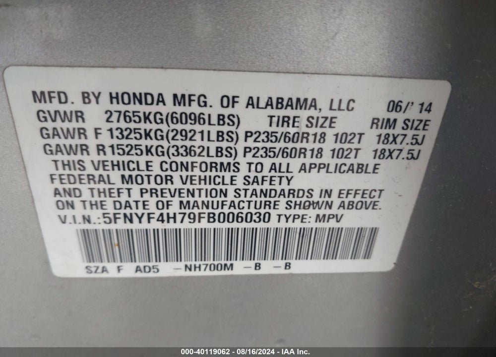 2015 HONDA PILOT EX-L VIN: 5FNYF4H79FB006030