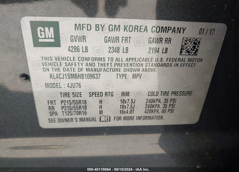 2017 BUICK ENCORE VIN: KL4CJ1SM6HB109637