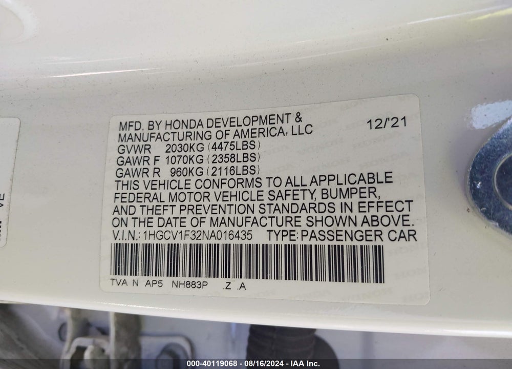2022 HONDA ACCORD SPORT VIN: 1HGCV1F32NA016435
