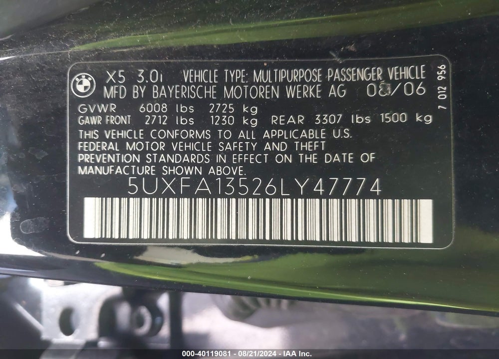 2006 BMW X5 3.0I VIN: 5UXFA13526LY47774
