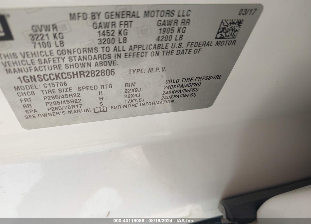 2017 CHEVROLET TAHOE VIN: 1GNSCCKC5HR282806