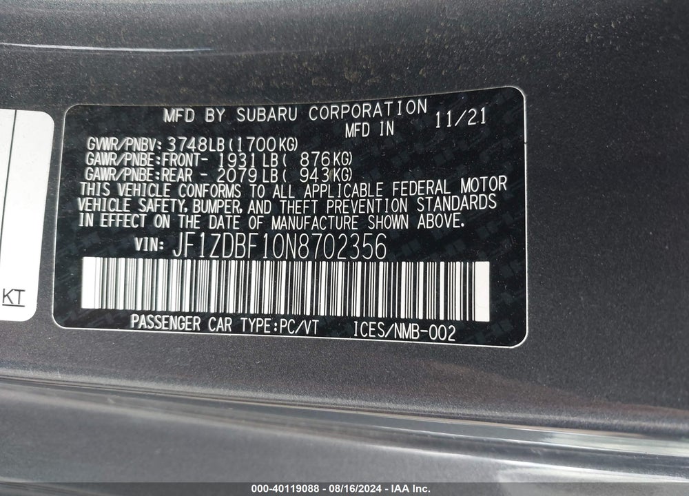 2022 SUBARU BRZ LIMITED VIN: JF1ZDBF10N8702356