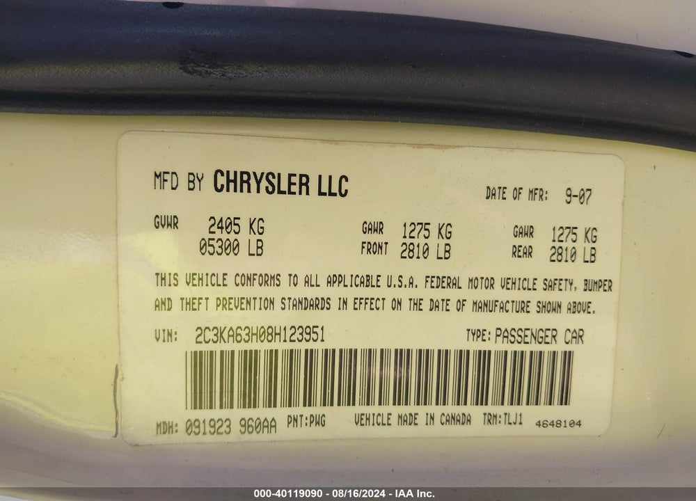 2008 CHRYSLER 300C HEMI VIN: 2C3KA63H08H123951