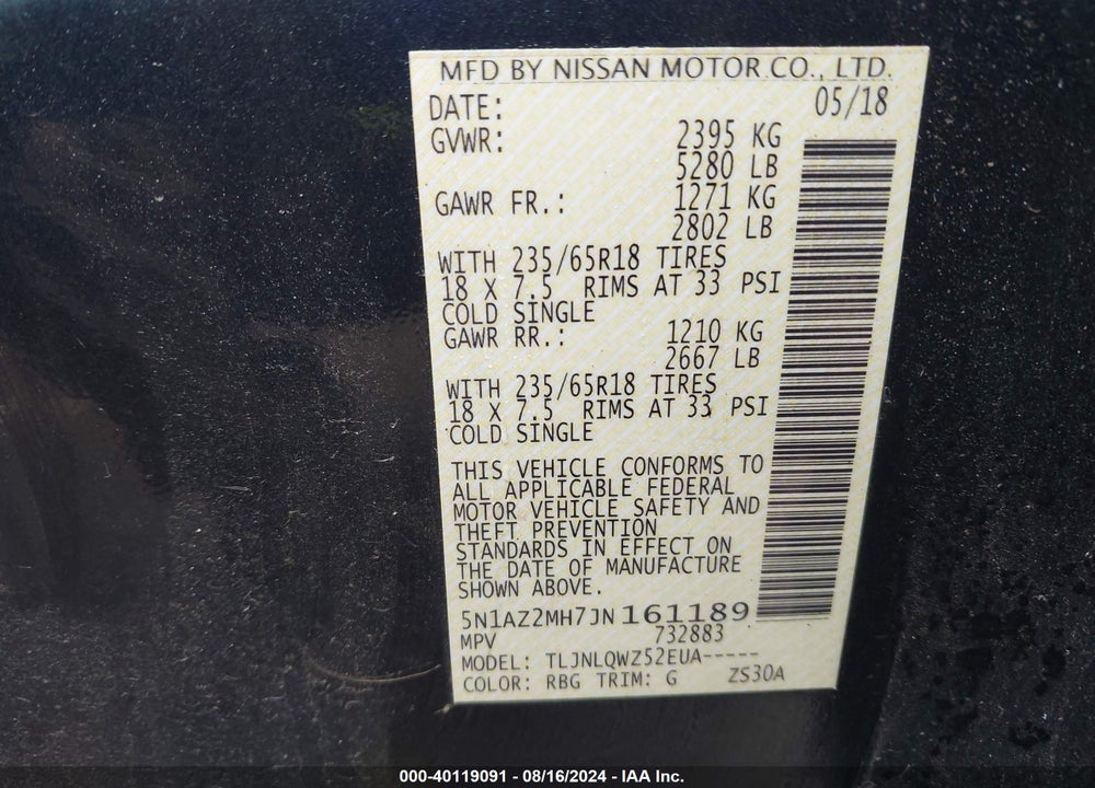 2018 NISSAN MURANO SV VIN: 5N1AZ2MH7JN161189