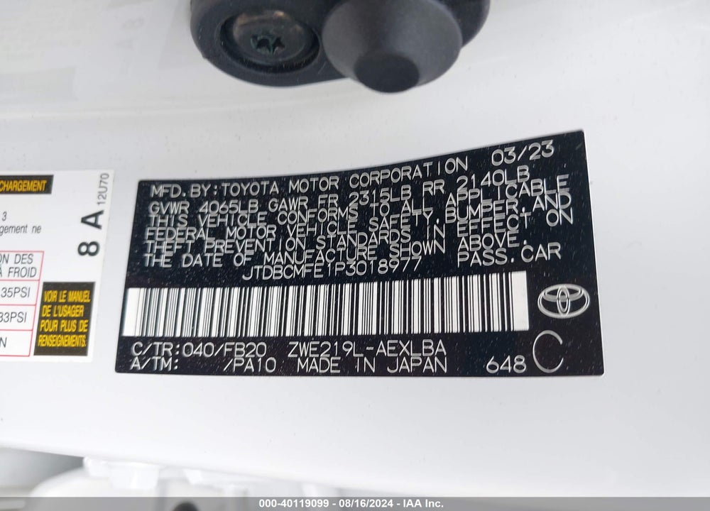 2023 TOYOTA COROLLA LE/SE/XLE VIN: JTDBCMFE1P3018977