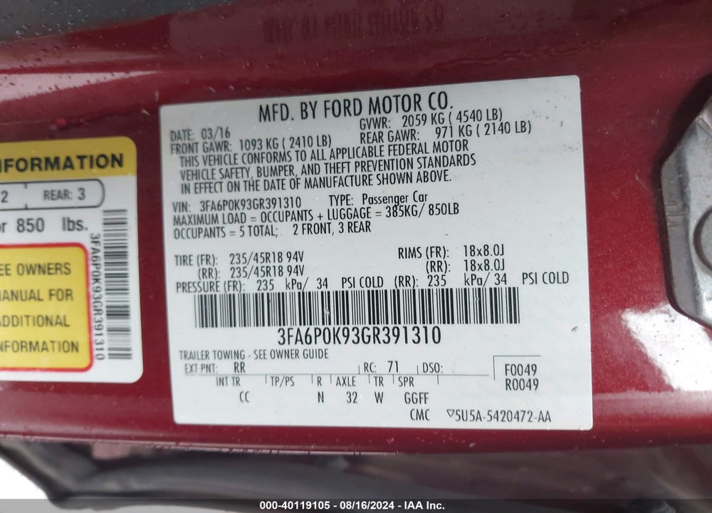 2016 FORD FUSION TITANIUM VIN: 3FA6P0K93GR391310