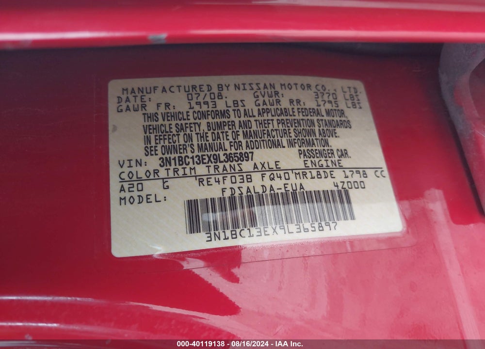 2009 NISSAN VERSA 1.8S VIN: 3N1BC13EX9L365897