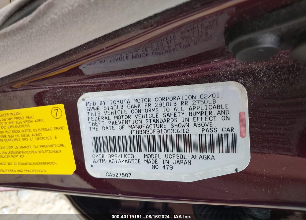 2001 LEXUS LS 430 VIN: JTHBN30F910030212