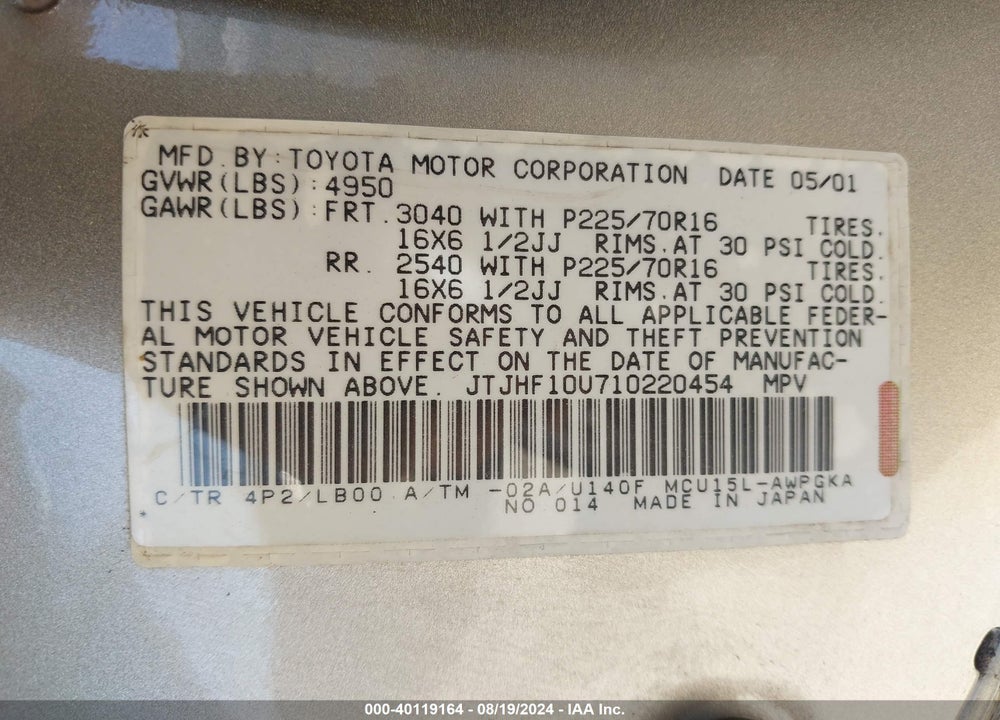 2001 LEXUS RX 300 VIN: JTJHF10U710220454