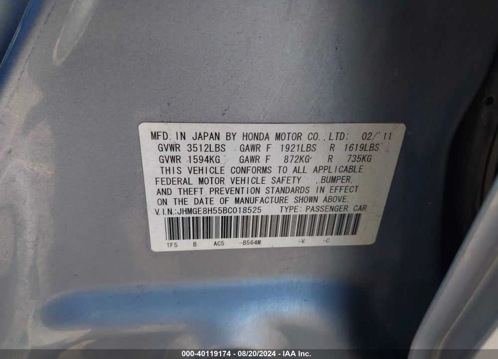 2011 HONDA FIT SPORT VIN: JHMGE8H55BC018525