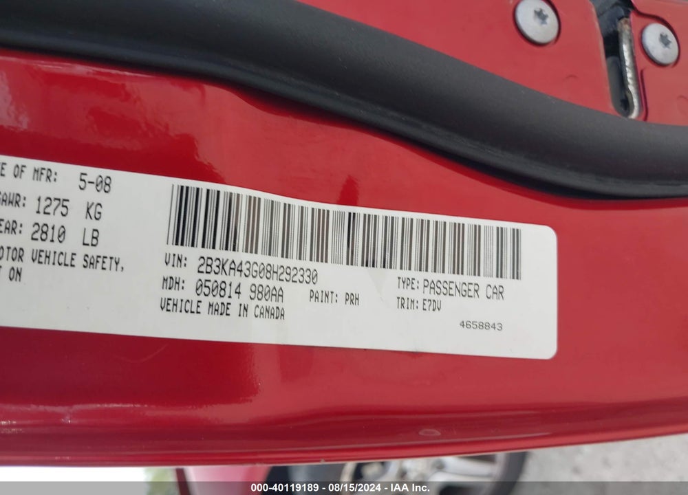 2008 DODGE CHARGER VIN: 2B3KA43G08H292330