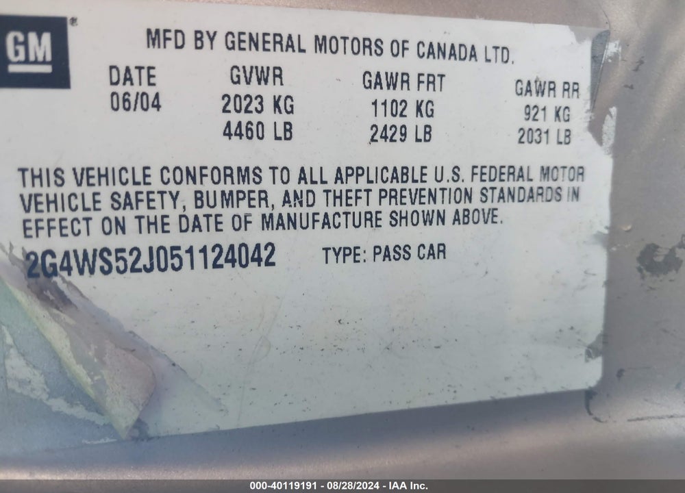 2005 BUICK CENTURY VIN: 2G4WS52J051124042