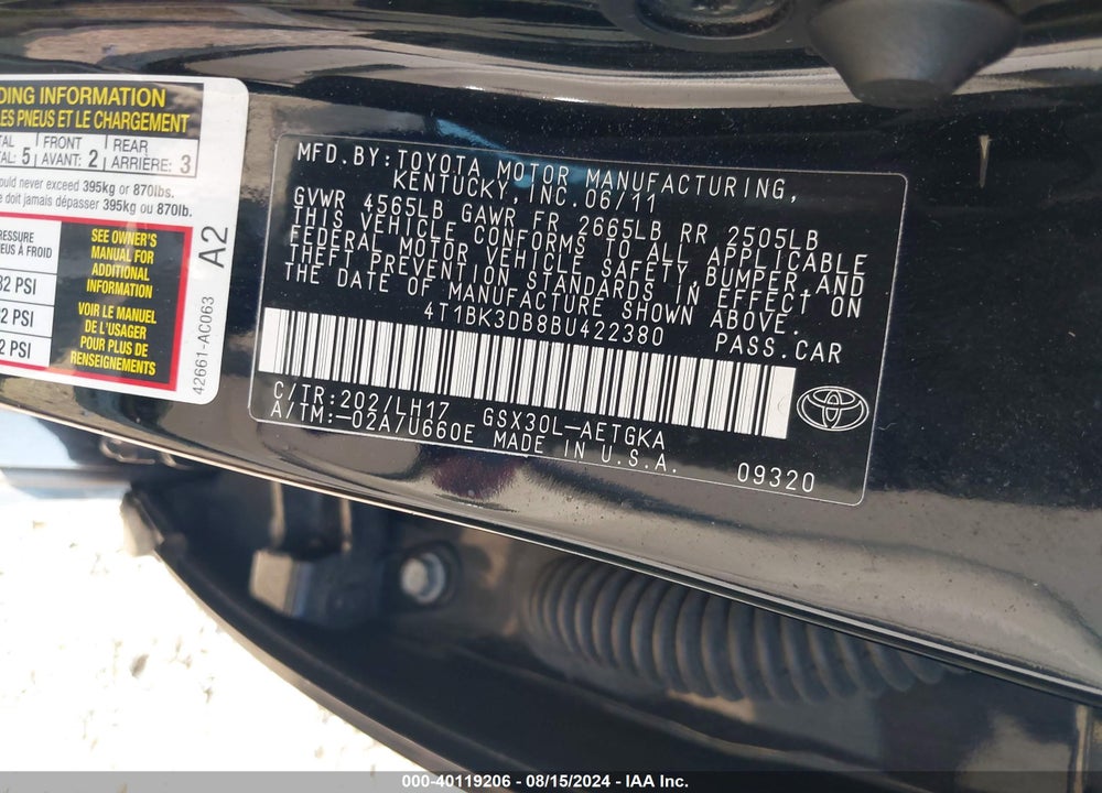 2011 TOYOTA AVALON VIN: 4T1BK3DB8BU422380