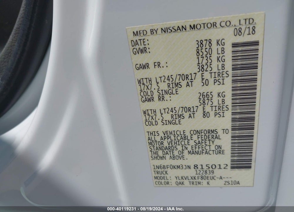 2018 NISSAN NV CARGO NV1500 SV V6 VIN: 1N6BF0KM3JN815012