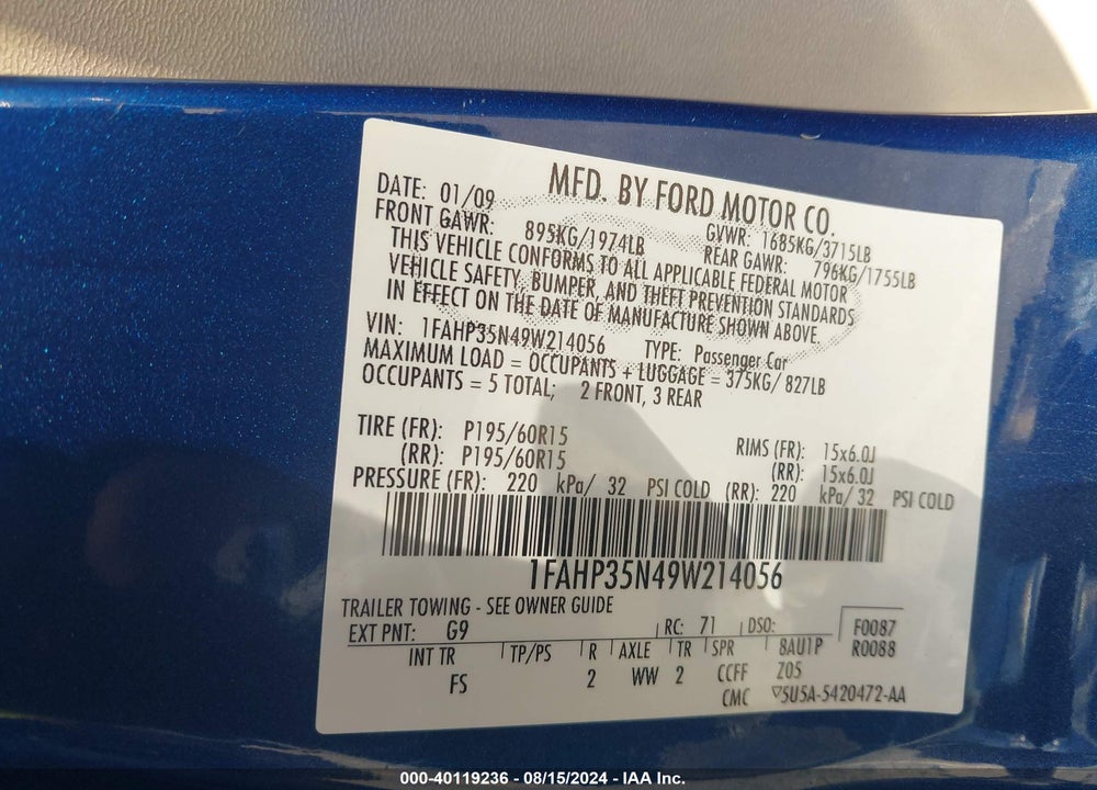 2009 FORD FOCUS SE VIN: 1FAHP35N49W214056
