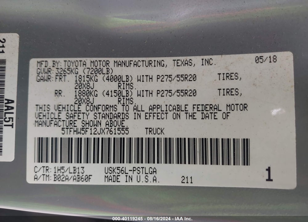 2018 TOYOTA TUNDRA LIMITED 5.7L V8 VIN: 5TFHW5F12JX761555