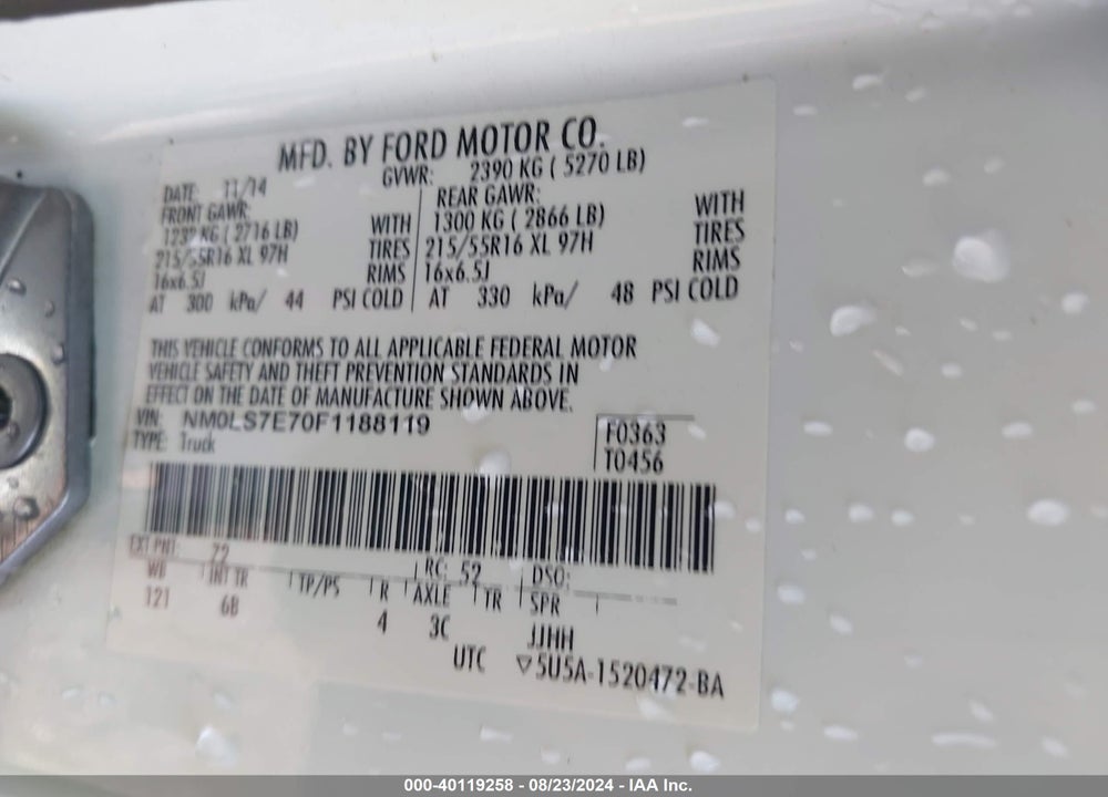 2015 FORD TRANSIT CONNECT XL VIN: NM0LS7E70F1188119