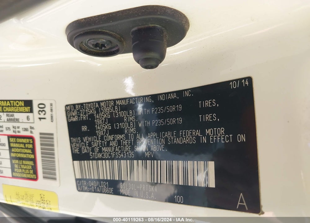 2015 TOYOTA SIENNA VIN: 5TDXK3DC1FS543135