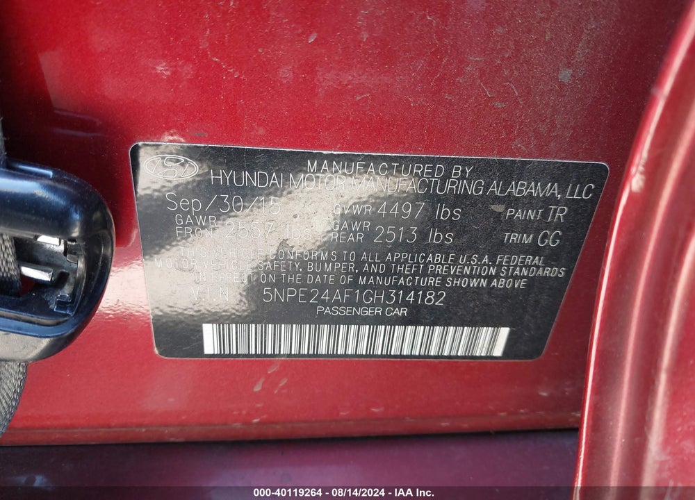 2016 HYUNDAI SONATA SE VIN: 5NPE24AF1GH314182
