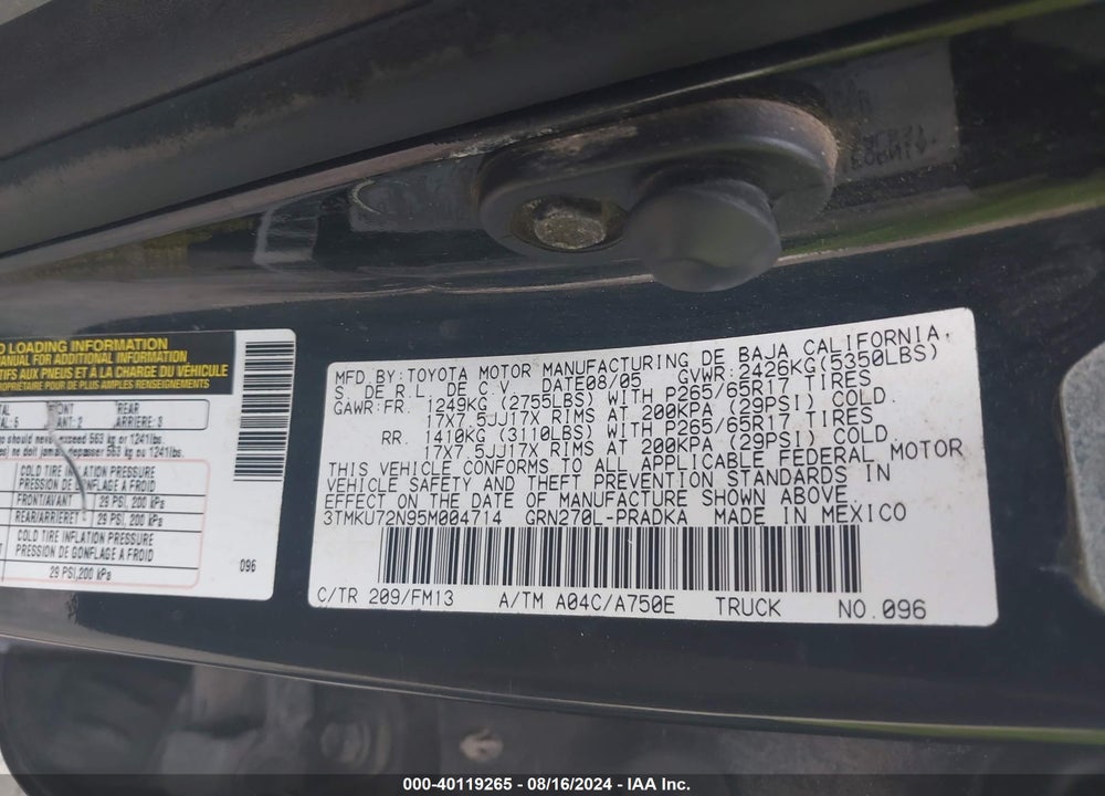 2005 TOYOTA TACOMA PRERUNNER V6 VIN: 3TMKU72N95M004714