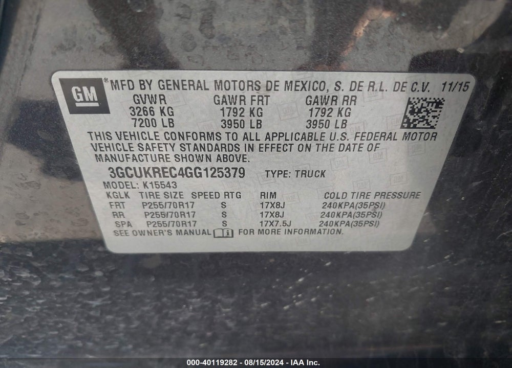 2016 CHEVROLET SILVERADO 1500 1LT VIN: 3GCUKREC4GG125379