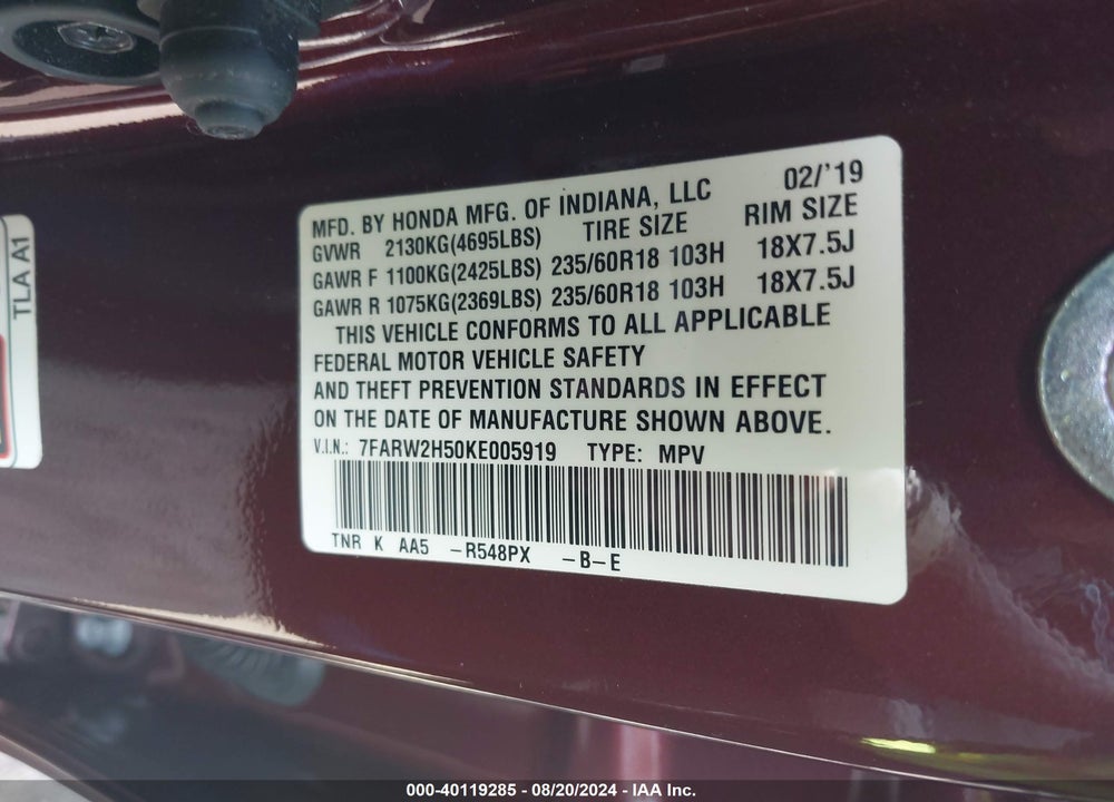 2019 HONDA CR-V EX VIN: 7FARW2H50KE005919