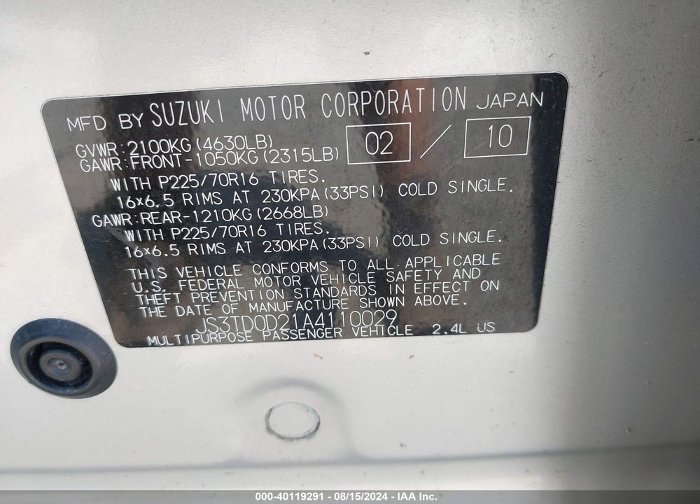 2010 SUZUKI GRAND VITARA PREMIUM VIN: JS3TD0D21A4110029