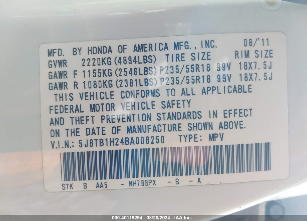 2011 ACURA RDX VIN: 5J8TB1H24BA008250
