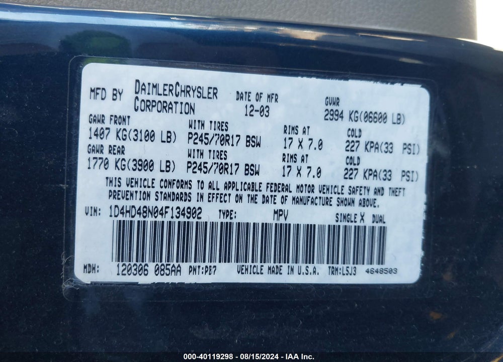 2004 DODGE DURANGO VIN: 1D4HD48N04F134902
