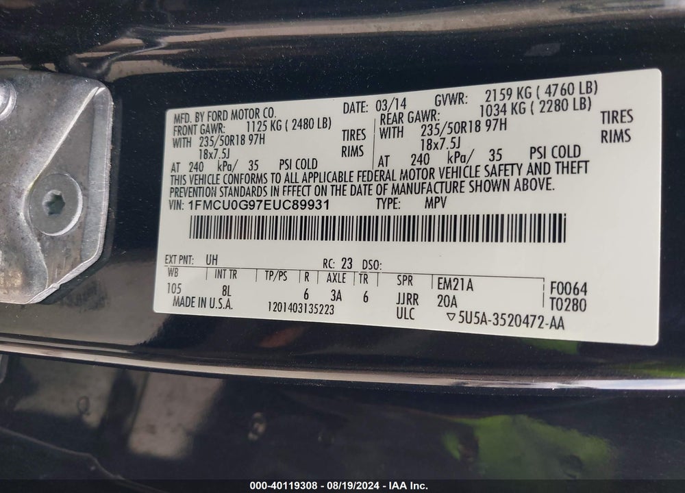 2014 FORD ESCAPE SE VIN: 1FMCU0G97EUC89931