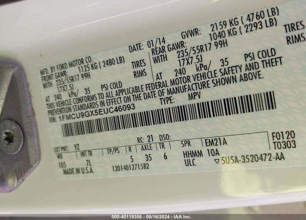 2014 FORD ESCAPE SE VIN: 1FMCU9GX5EUC46093