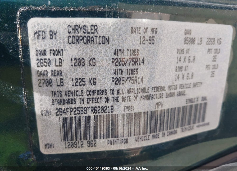 1996 DODGE CARAVAN VIN: 2B4FP25B9TR620218