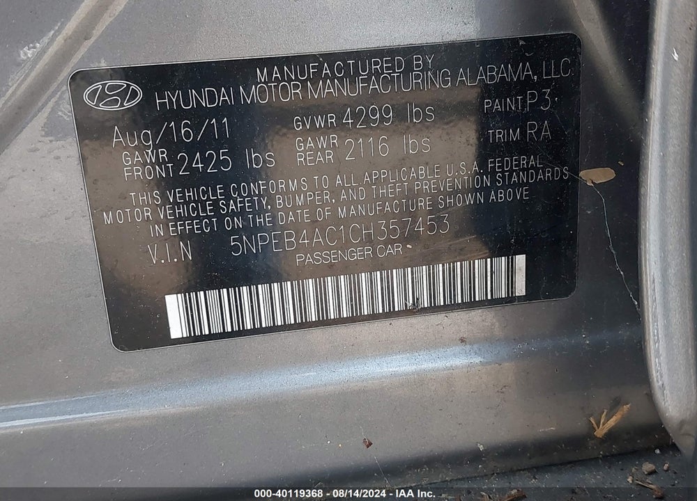 2012 HYUNDAI SONATA GLS VIN: 5NPEB4AC1CH357453