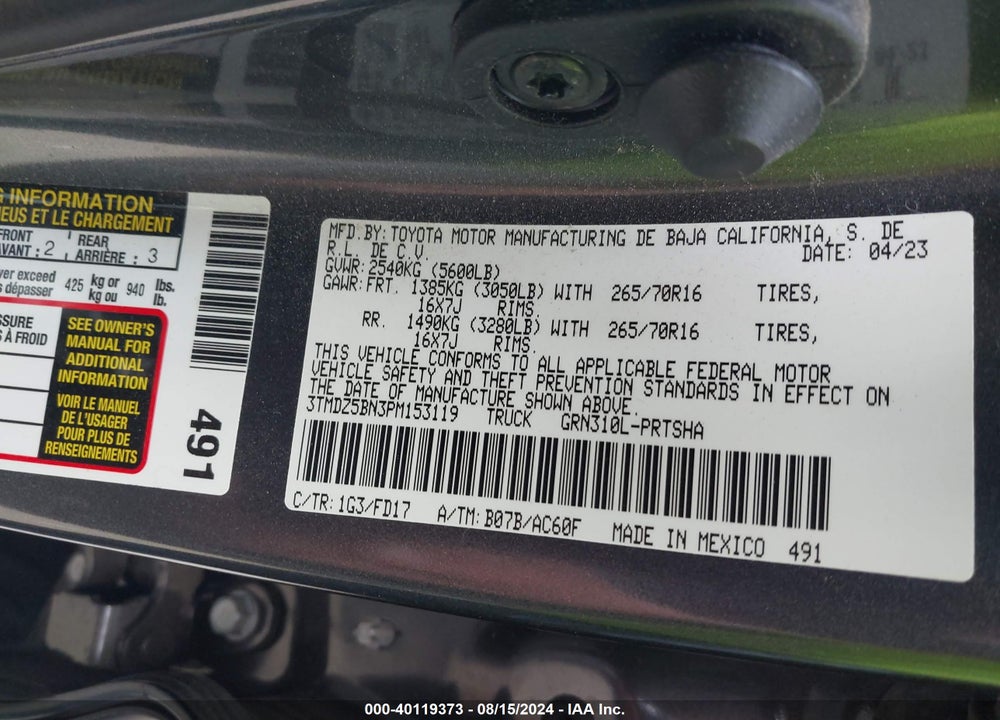 2023 TOYOTA TACOMA VIN: 3TMDZ5BN3PM153119