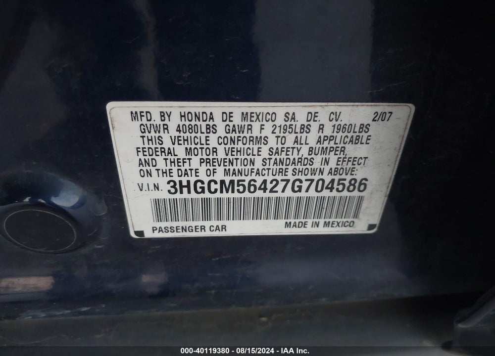 2007 HONDA ACCORD 2.4 LX VIN: 3HGCM56427G704586